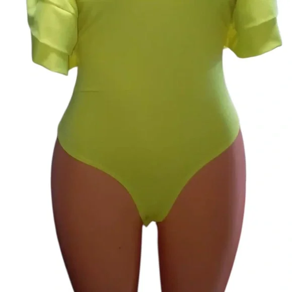 NWT FASHION NOVA Ruffle Galore Bodysuit Neon Yellow S - Picture 4 of 6